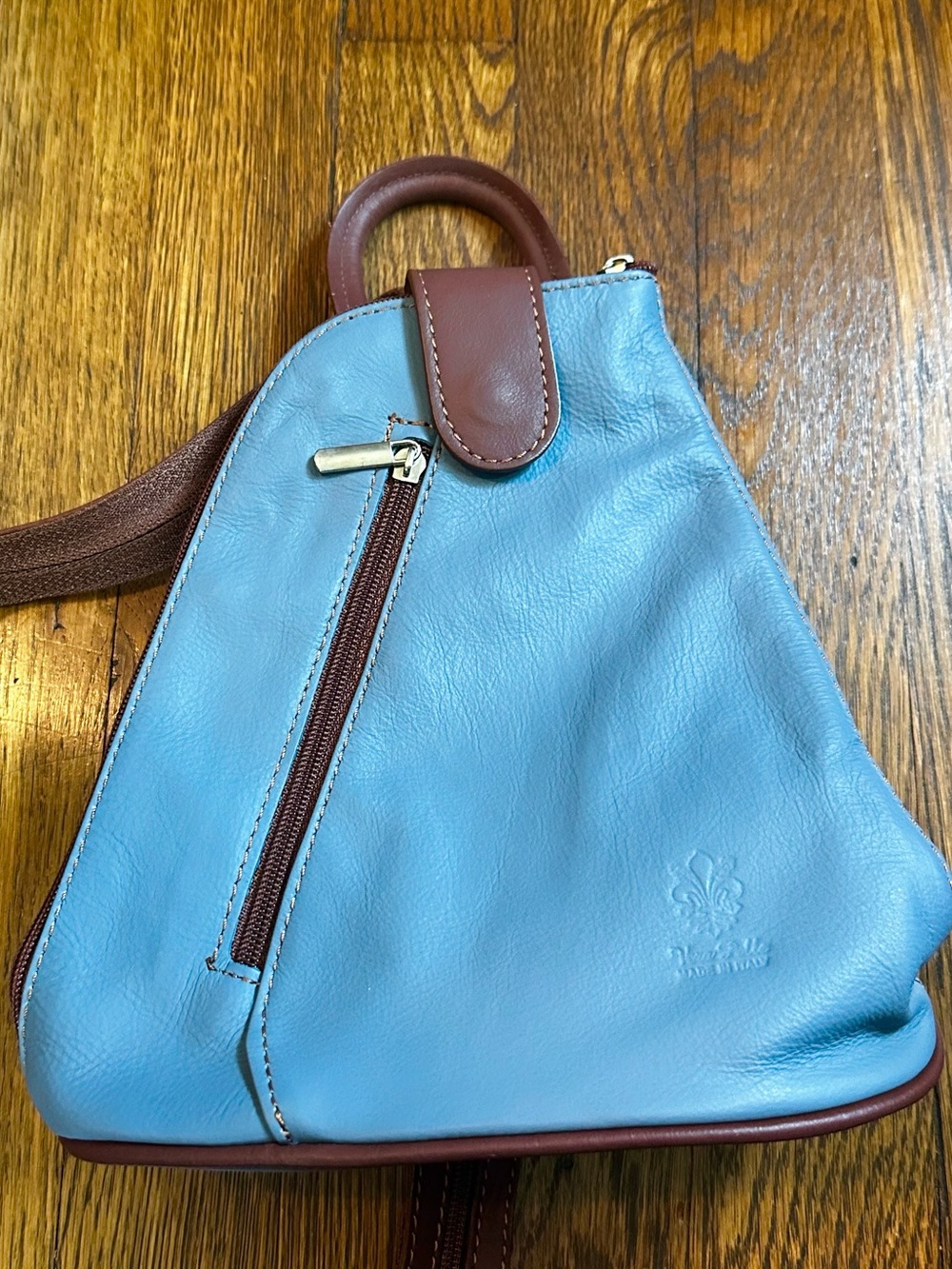 Vera Pelle Made in Italy Genuine Blue Leather Sling Backpack - EUC
